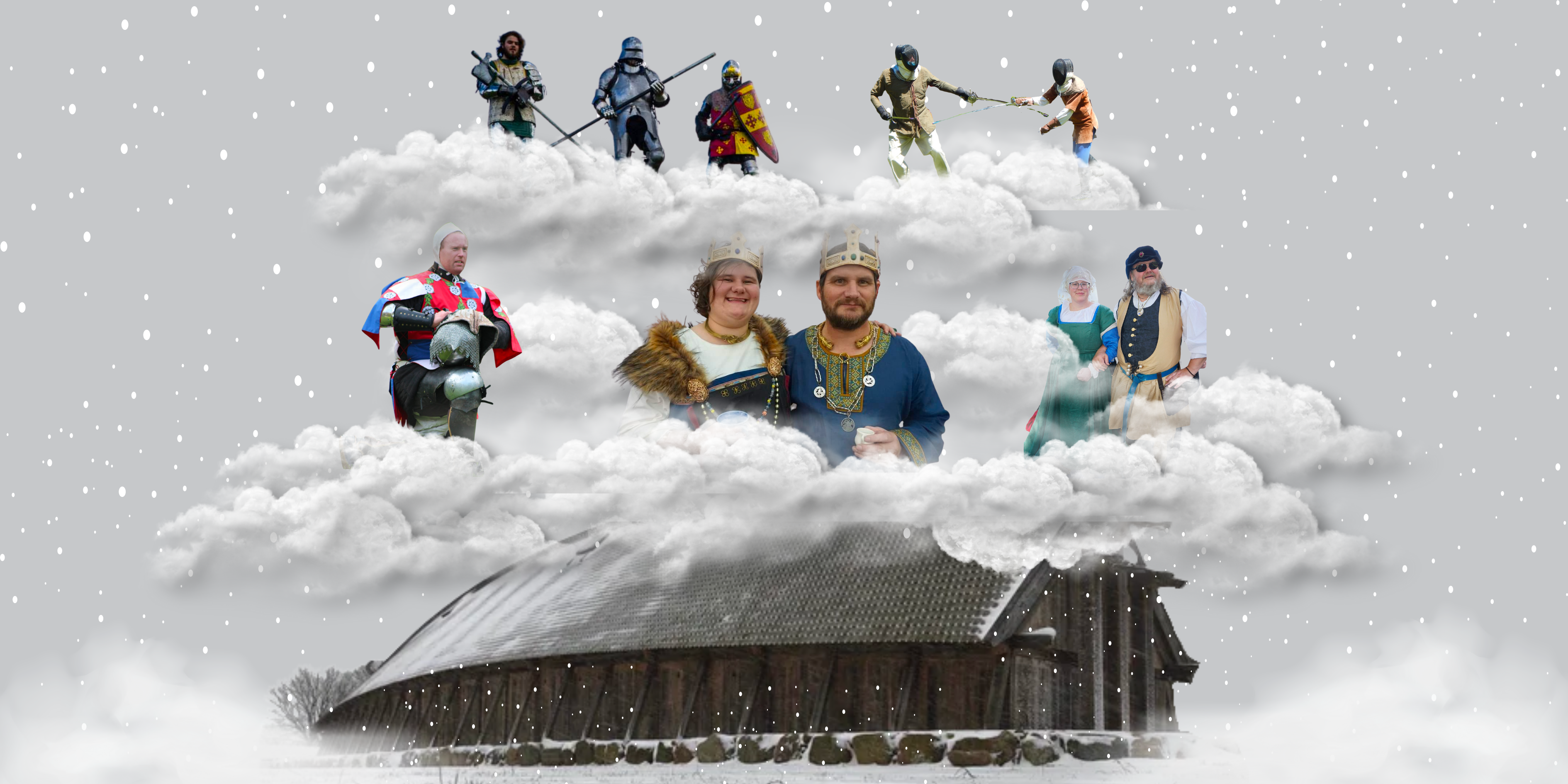 landscape wintersouth 2023 poster - mead hall in the snow with key baronial members in the clouds overlooking the land